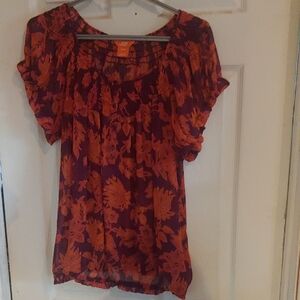 Women's Floral Top - Orange and Purple Size Medium